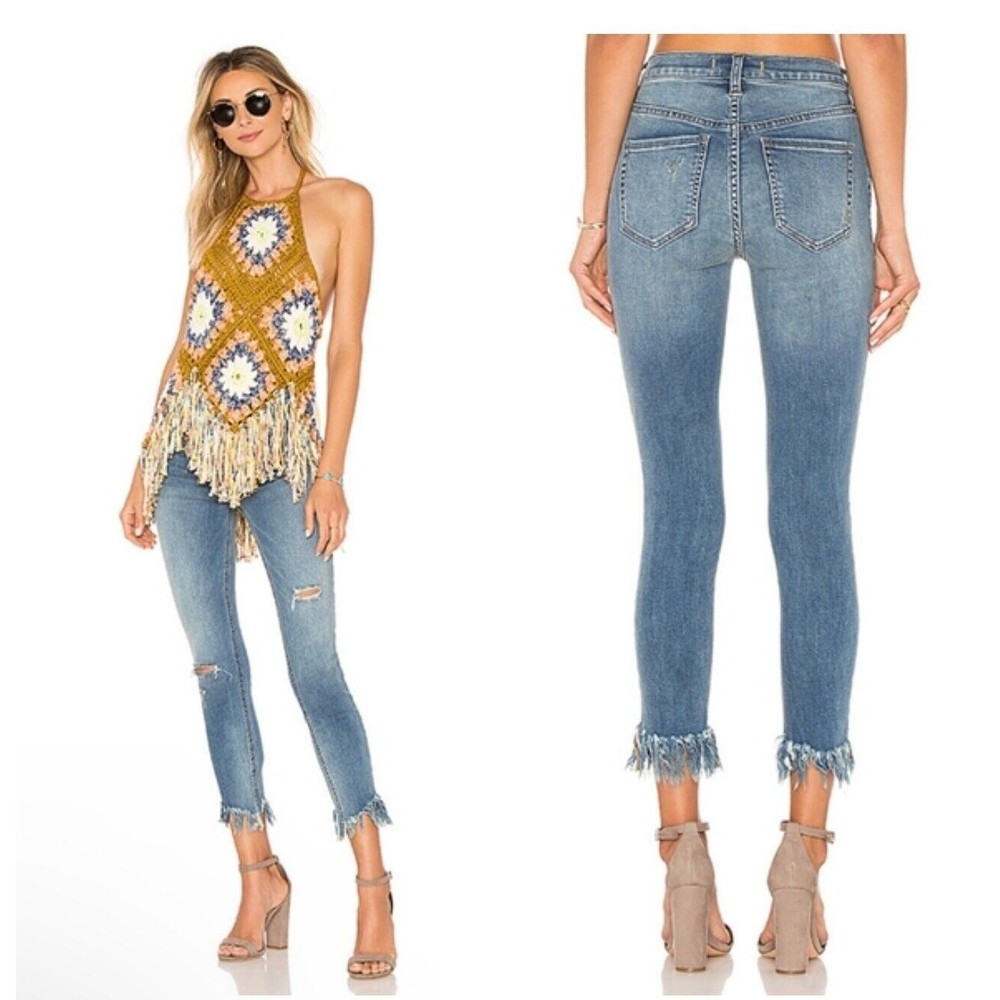 Free People Great Heights Woman’s Size 28 Skinny Denim Frayed Fringe Jeans